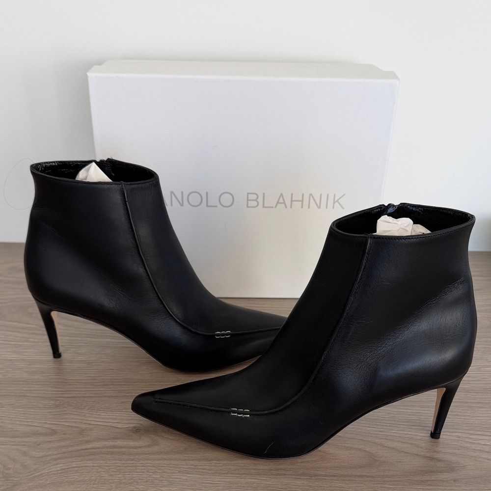 Manolo Blahnik Sleek Black Heeled Boots, Size 39